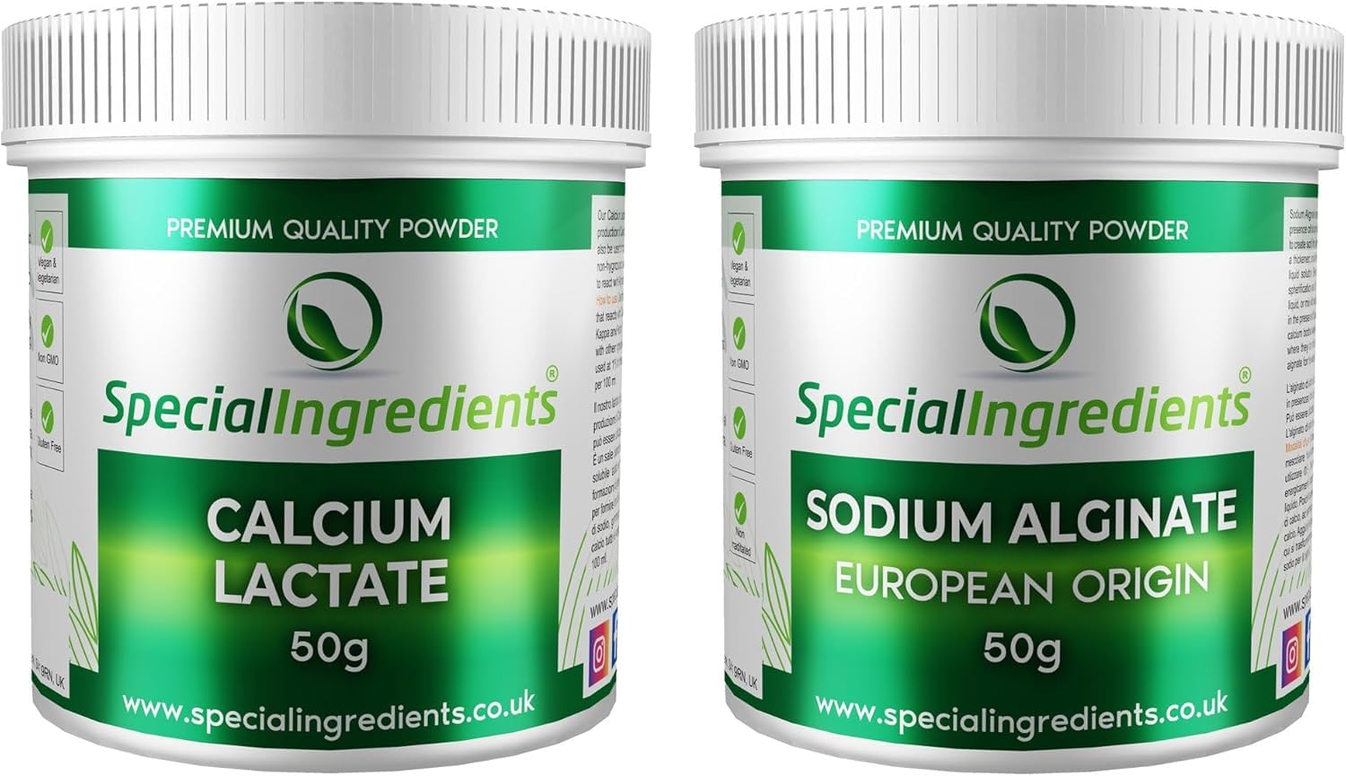 Special Ingredients Lactate De Calcium & Alginate De Sodium, Cuisine Moléculaire, Paquet de deux ingrédients, Idéale pour la sphérification de base et à la sphérification inversée - 2 x 50 gramme