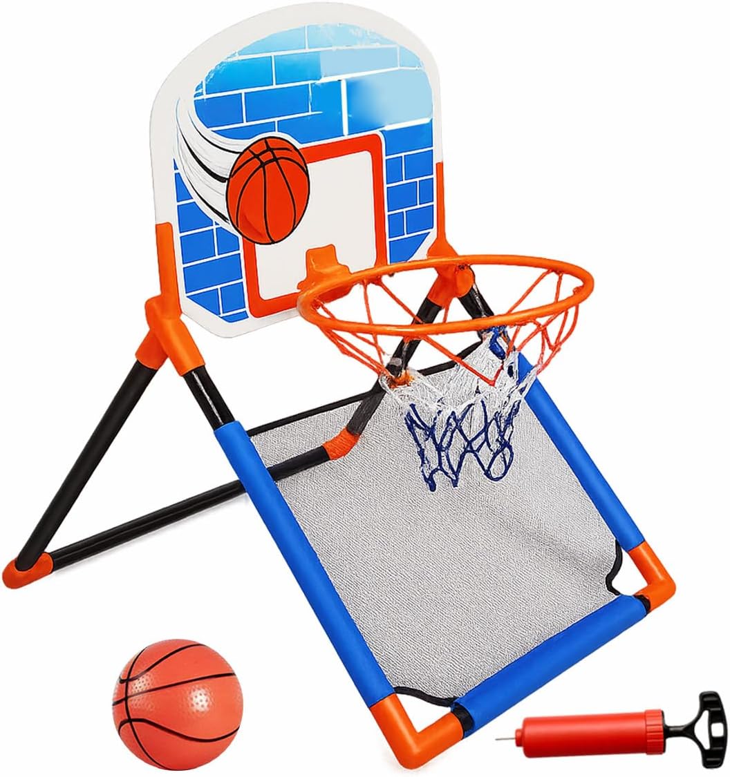 Koolbitz Basketball Playset Basket and Mesh Bag Set for Play Indoor Outdoor Basketball Hoop Play Game Set Sports 2in1 Play Set for Kids Toddlers