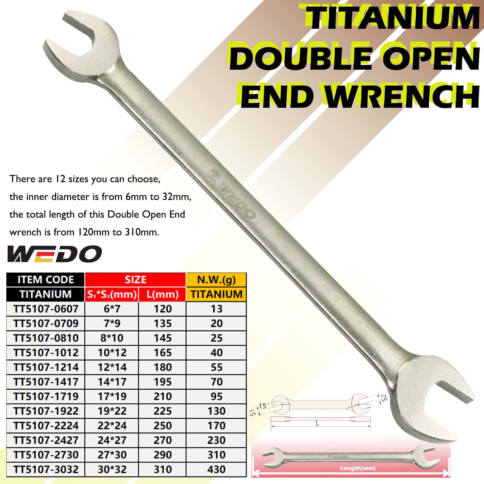 WEDO Titanium Open End Wrench,Metric,Double Side Open End 12x14mm,15 Degree Offset,Length 180mm,Lightweight,Non-Magnetic,Corrosion Resistant,One-time Die-Forged,Apply in Aerospace,Marine - Image 2