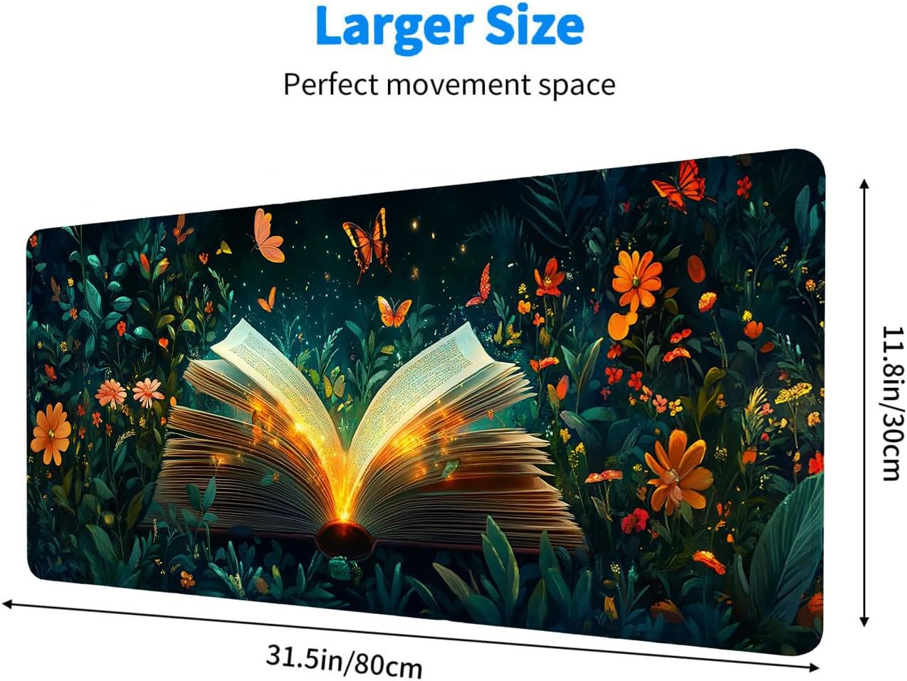 Book Desk Mat Greenery Vibrant Flowers Butterfly Extended Gaming Mouse Pad Mat with Stitched Edge Non-Slip Base Big Mouse Pad Office Computer Keyboard Laptop Home, 31.5x11.8 Inch - Image 3