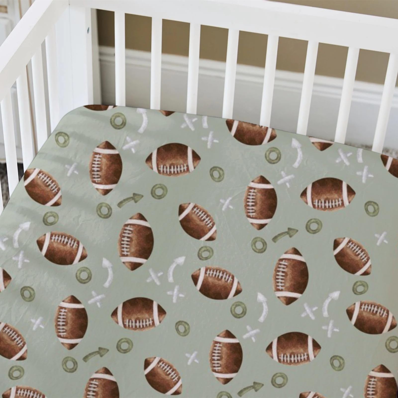 Sábana bajera ajustable estándar para cuna de fútbol americano, para niños pequeños, funda de colchón de fútbol verde, suave, transpirable, elástica, para decoración de guardería, regalo 7