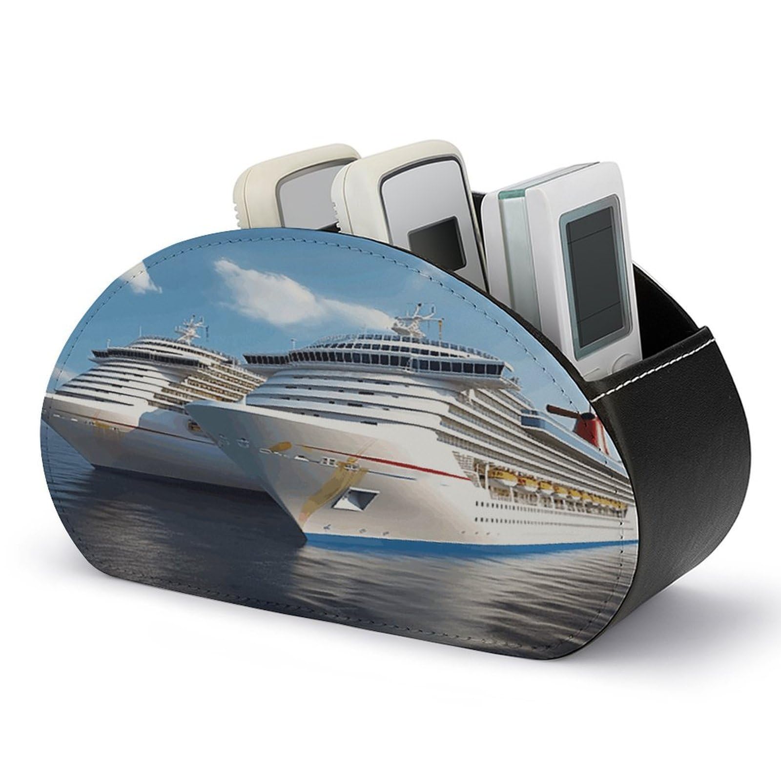 FekiLoot Cruise Ship Remote Control Holder with 5 Compartments Multi-functional TV Remote Caddy Organizer Leather TV Remote Holder Desktop Organizer Store for Bedside Table Office Desk