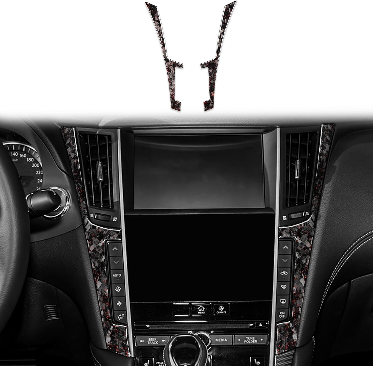 Car Forged Carbon Fiber Center Console Side F-Frame 2PCS Accessories Protective Cover Sticker Anti-Scratch Compatible with Infiniti Q50 2014 2015 2016 2017 2018 2019 2020 (Red Gold Leaf)