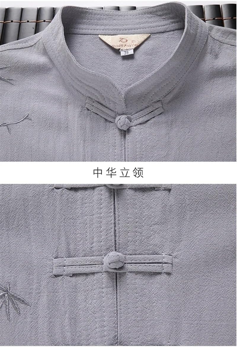 Chinese Style Tang Suit Men's Embroidered Short Sleeve Shirt Pants Set Cotton Linen Kung Fu Tai Chi Uniform