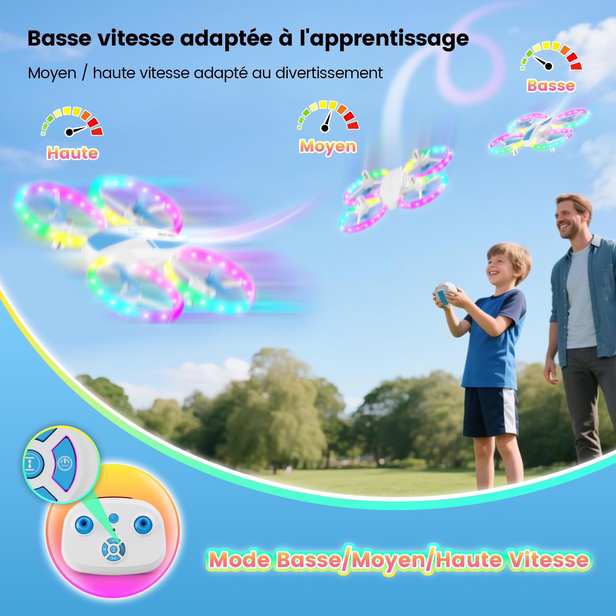 Drone Enfant Mini Avion Télécommandé avec Lumières LED 360°Rotation 2 Batteries Jouet Cadeau pour Garçons et Filles Bleu