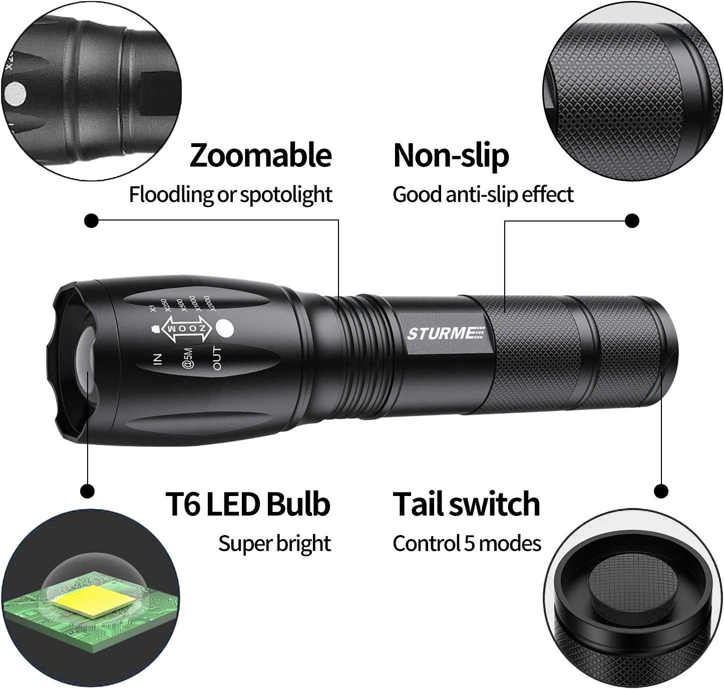 STURME LED Tactical Flashlight,5 Modes Ultra Bright Zoomable IP65 Water-Resistant High Lumens CREE LED Handheld Flash Light, Perfect for Camping Outdoor Sports Home Use
