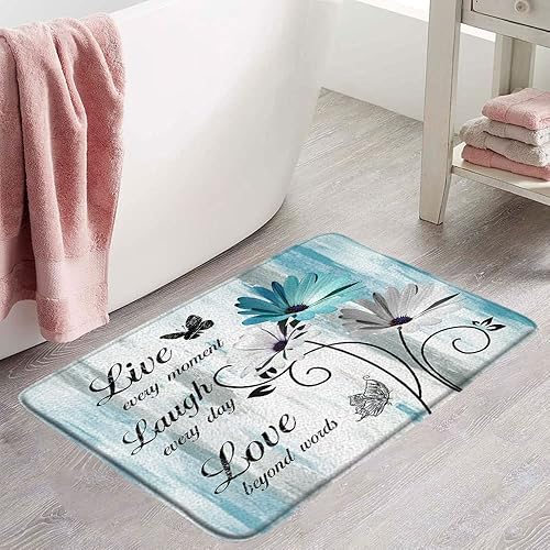 Miniatura 2 de Tapete de baño rústico con diseño floral, diseño de margaritas y margaritas, con citas inspiradoras de mariposa, turquesa, azul, de microfibra,