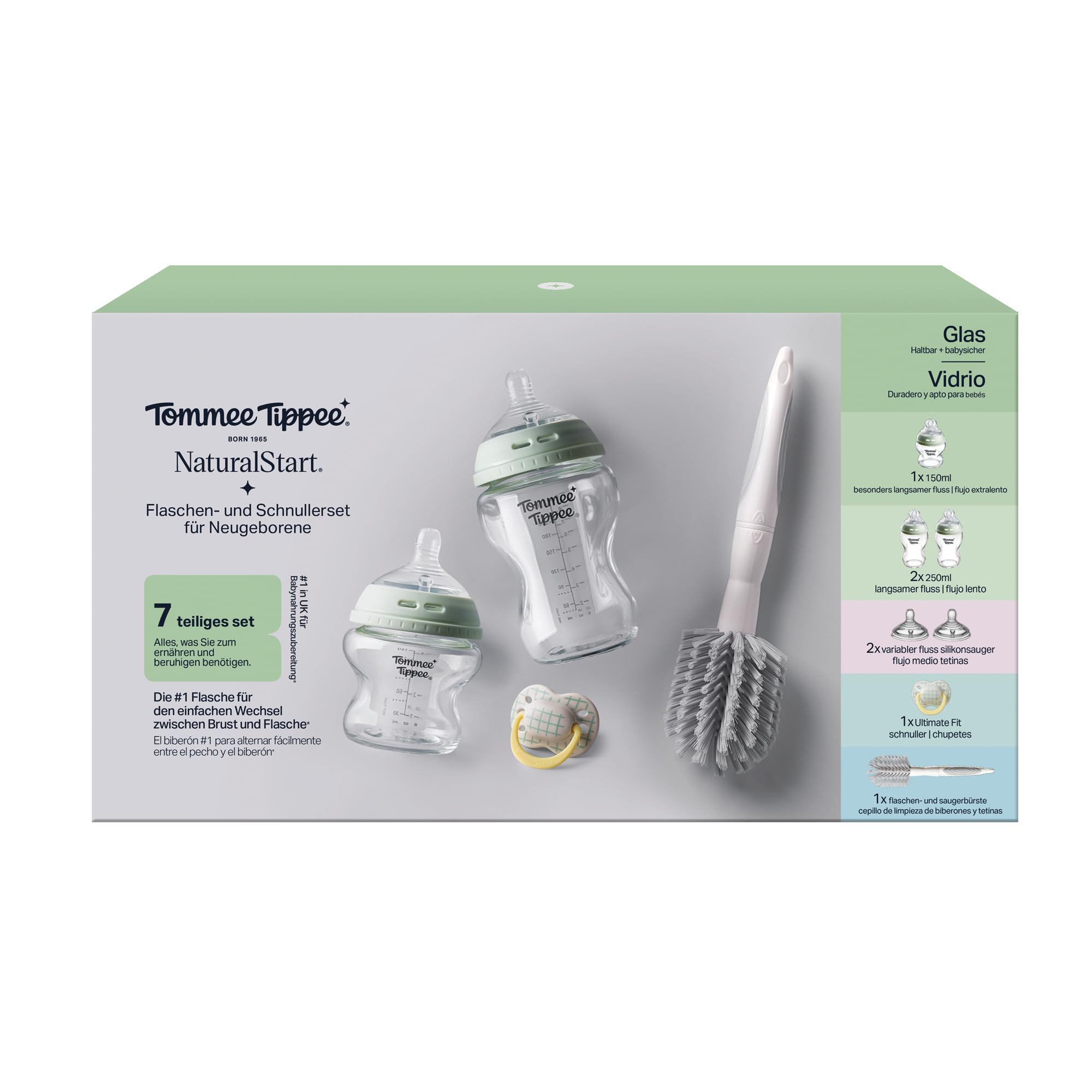 Tommee Tippee Biberon Starter Set Natural Start in vetro per neonati, 150 ml e 250 ml, biberon anti-colica con tettarella a flusso lento e Super Lento, autosterilizzante