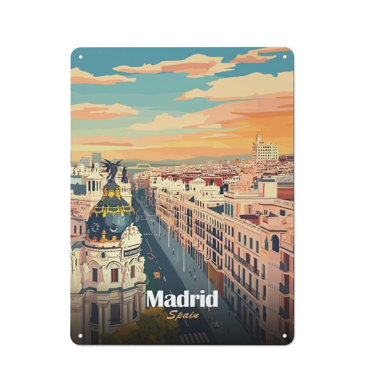 Junmoney Style-17 Metal Wall Sign 40X30cm Featuring Madrid Spain Cityscape Illustration For Workshop Wall, For Room Styling Across Workshops And Hobby Rooms