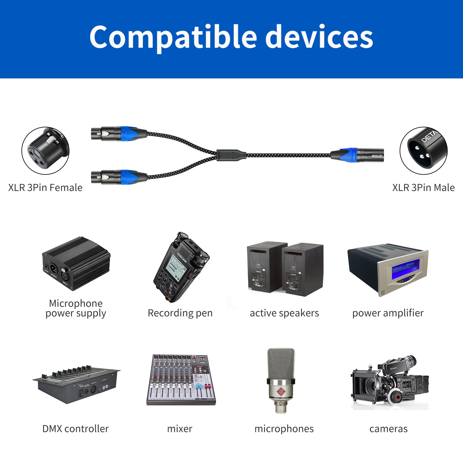 Y-Splitterkabel, XLR-Stecker auf Dual-Buchse, Schwarz + Blau, XLR-Y-Splitterkabel, 1 Stecker, 2 Buchsen, 3-poliger XLR-Kombinator, Y-Kabel, symmetrisches Mikrofon-Adapter, Patchkabel, 60 cm, 2