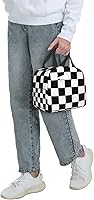 Vista 8 de Fiokroo Lonchera aislada con estampado a cuadros blancos y negros y negros, bolsa de almuerzo reutilizable para escuela, trabajo, universidad