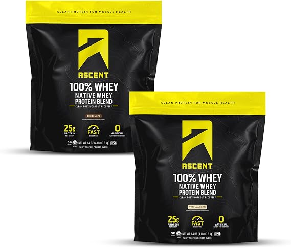 Ascent 100% Whey, Native Whey Protein Blend - Clean Post Workout Recovery, Digesting, Zero Artificial Flavors & Sweeteners, Gluten Free, 5.5g BCAA, 2.6g Leucine, Vanilla 4lb + Chocolate 4lb