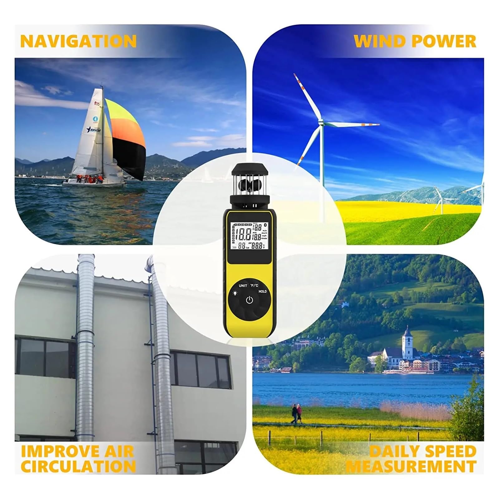 Anemómetro Portátil, Anemómetro de mano, medidor de dirección del viento for medir la velocidad y la temperatura con retroiluminación LCD.