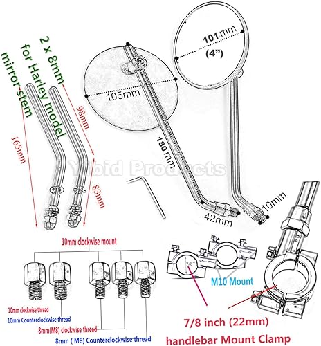 Miniatura 6 de Yibid Espejos retrovisores universales de motocicleta redondos de 4 pulgadas, color negro mate, clásicos y retro, multiajuste para Cruiser Chopper