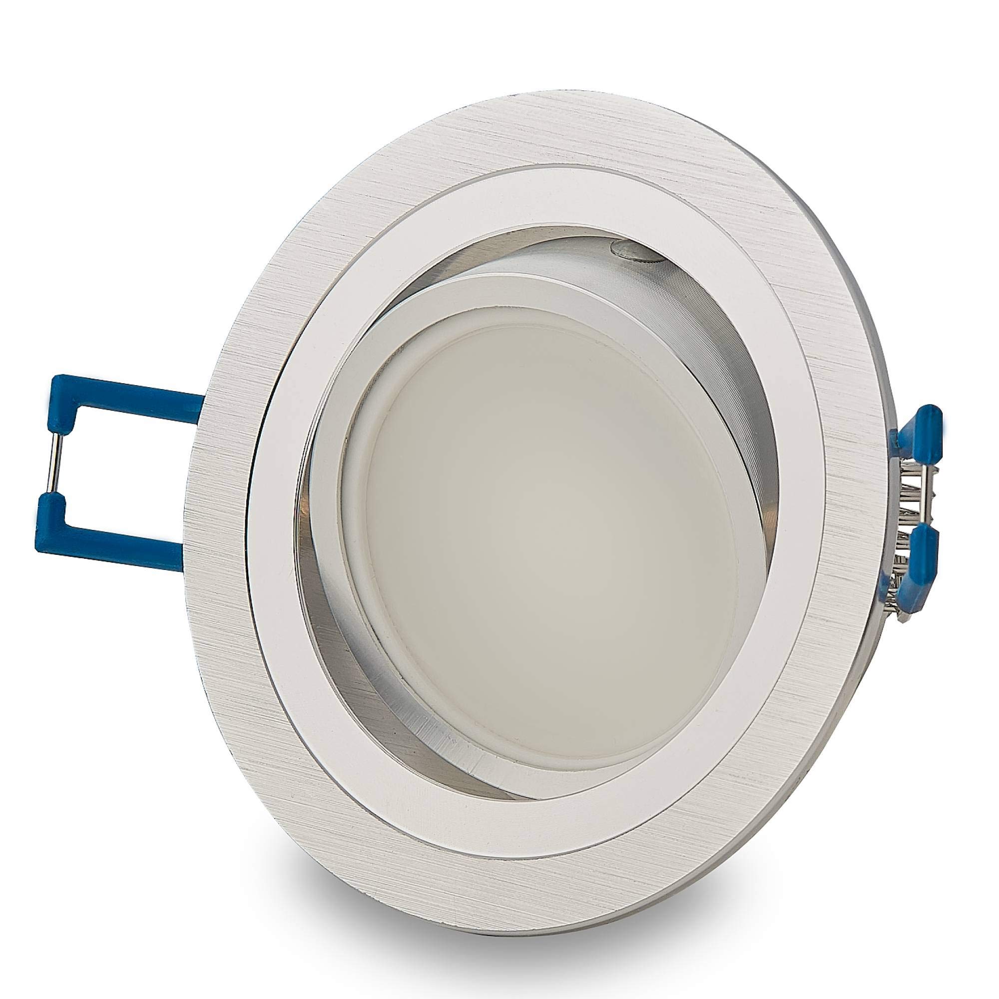 Juego de 6 focos LED empotrables de 5 W, blanco cálido, 230 V, GU10, redondos, de acero inoxidable cepillado, orientables, de aluminio, 70 mm