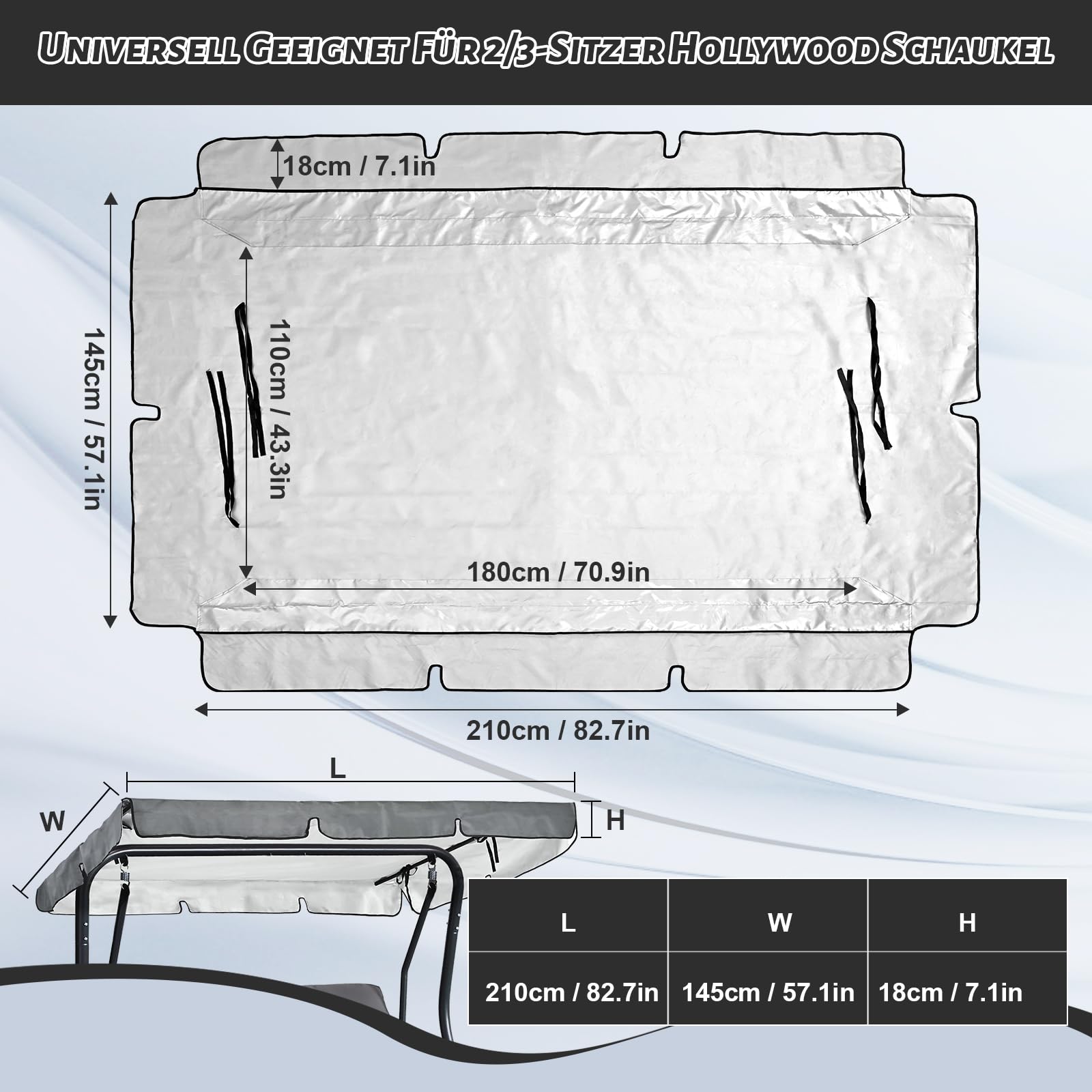 Alishomtll Columpio de jardín de 210 x 145 cm, 420D Oxford universal, toldo de 3 plazas, resistente al agua, techo para columpio de jardín, protección UV, color gris