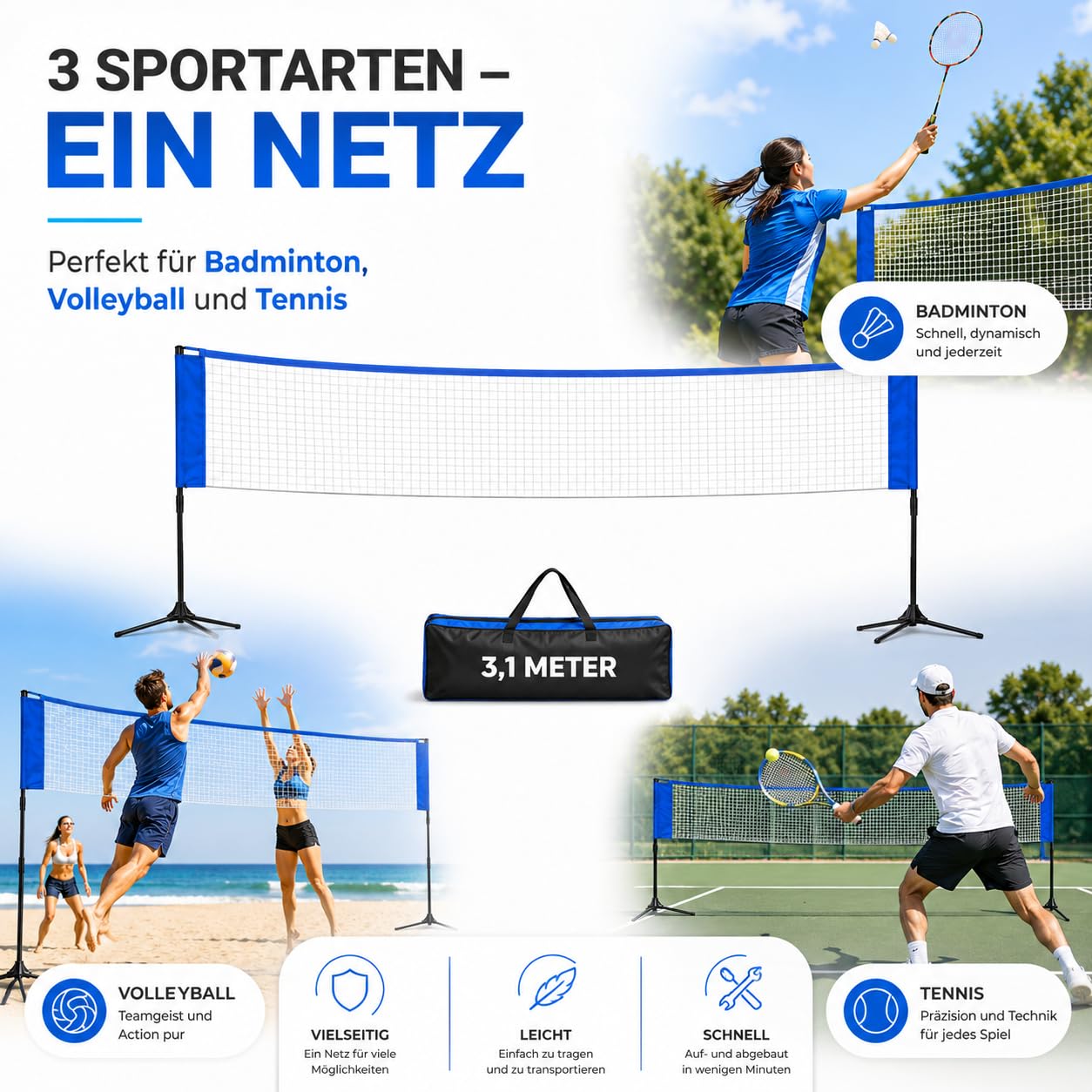 Filet de badminton de 3,1 m - Support réglable en hauteur de 107/105/150 cm et sac de transport - Filet en nylon pliable - Facile à monter et à démonter - Filet de sport idéal pour le tennis, le