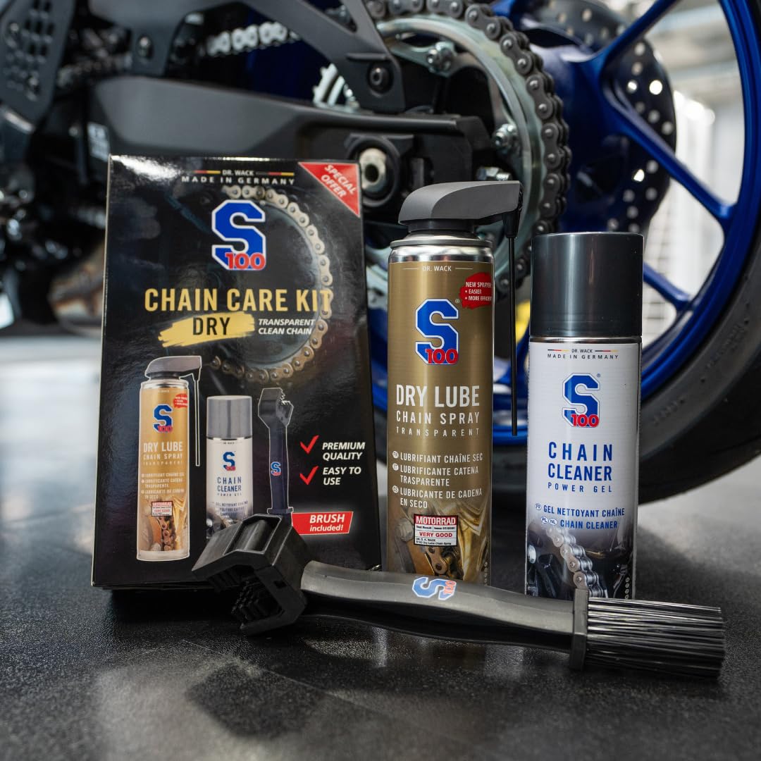 Dr. Wack - Kit Entretien Sec pour Chaîne de Moto S100 - Lubrifiant Dry Lube + Nettoyant Chain Cleaner + Brosse Spécialisée - Protection Premium Contre Usure & Corrosion - Fabrication Allemande