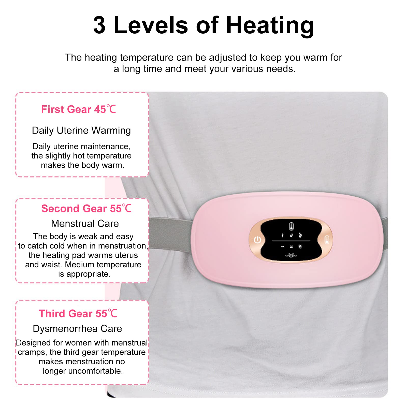 Ceinture Chauffante Regle Douloureuse, Layhou Ceinture Chauffante avec 3 Niveaux de Chaleur et 3 Modes de Massage, Rechargeable par USB, Soulager les Douleurs Menstruelles, Couleurs Bonbons