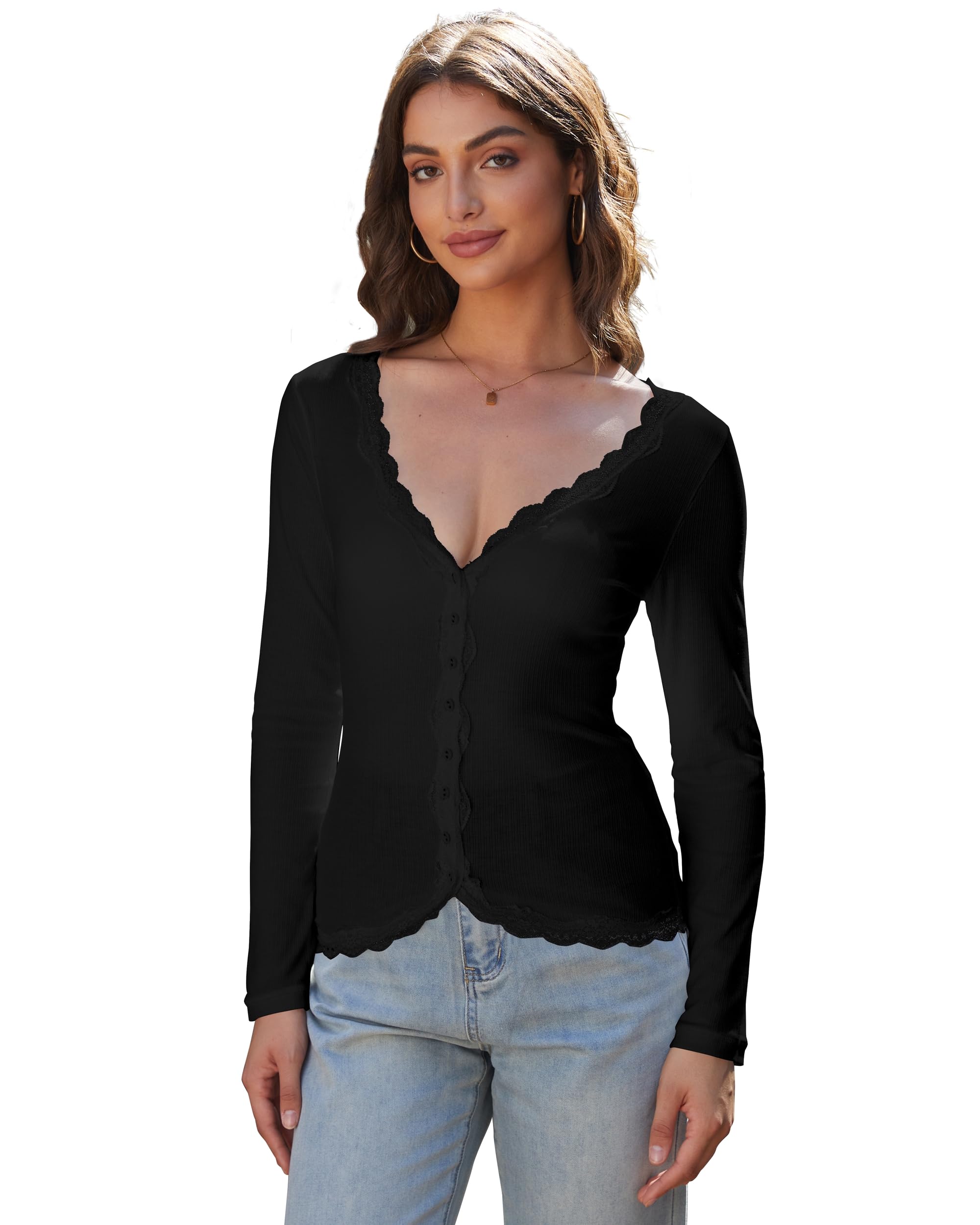 Cardigan for Women Cropped Lightweight V Neck Ribbed Going Out Tops Button Down Shirts Lace Trim Long Sleeve