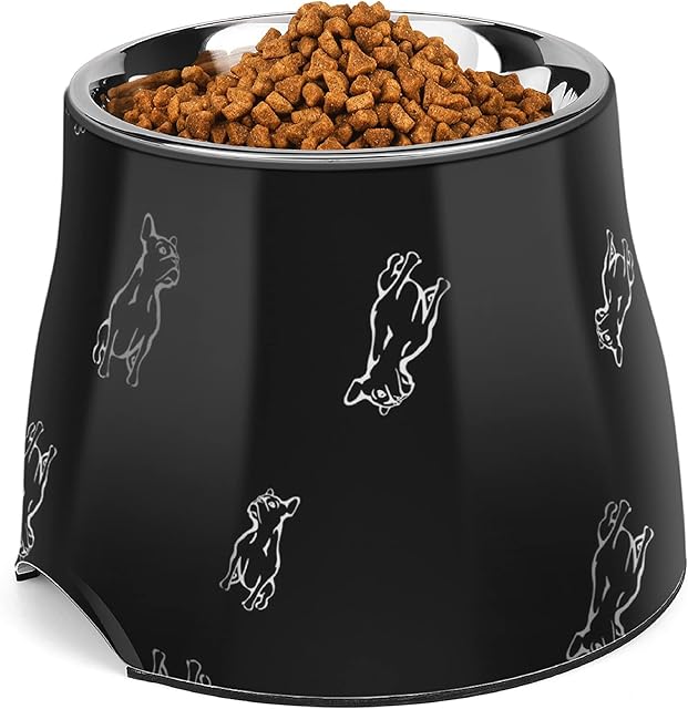 Flexzion Elevated Dog Bowl - Single Elevated Dog Bowls for Small Medium Dogs, Non-Slip and Comfortable - Stainless Steel Dish Dog Bowl with Stand 600ml Capacity for Food, Water - Black/Bulldog