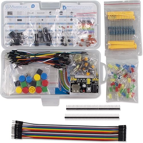 Miniatura 2 de Miuzei Kit básico de inicio para proyectos Arduino, Breadboard, cables de puente, fuente de alimentación, resistencias, LED, kit electrónico