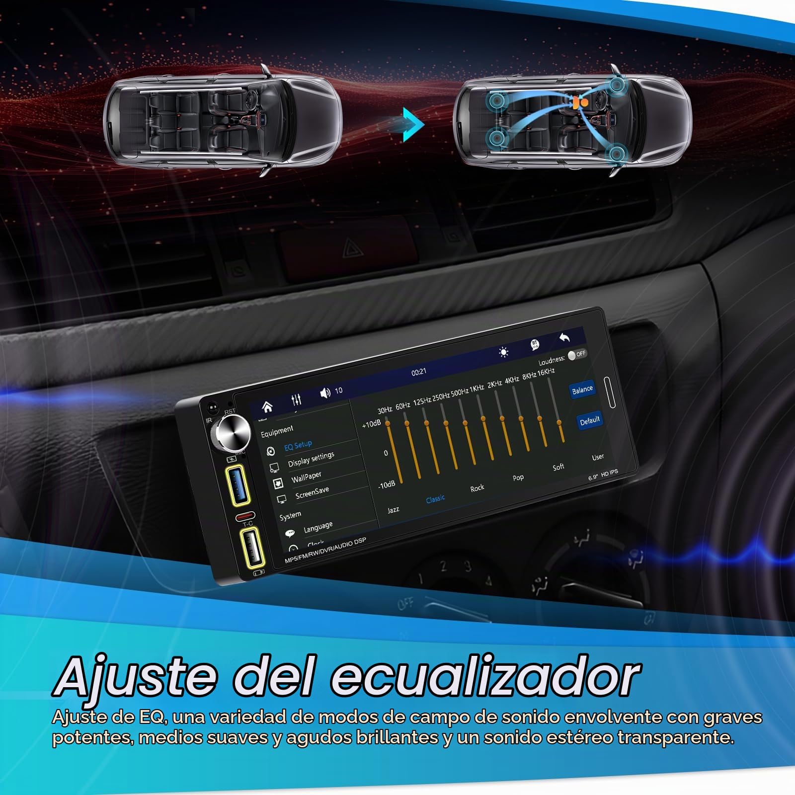 Hikity 6.9" 1 DIN CarPlay Radio Coche con Bluetooth FM Cámara Trasera | IPS Pantalla Táctil Android Auto Wireless CarPlay Mirror Link EQ Control del Volante Manos Libres USB AUX