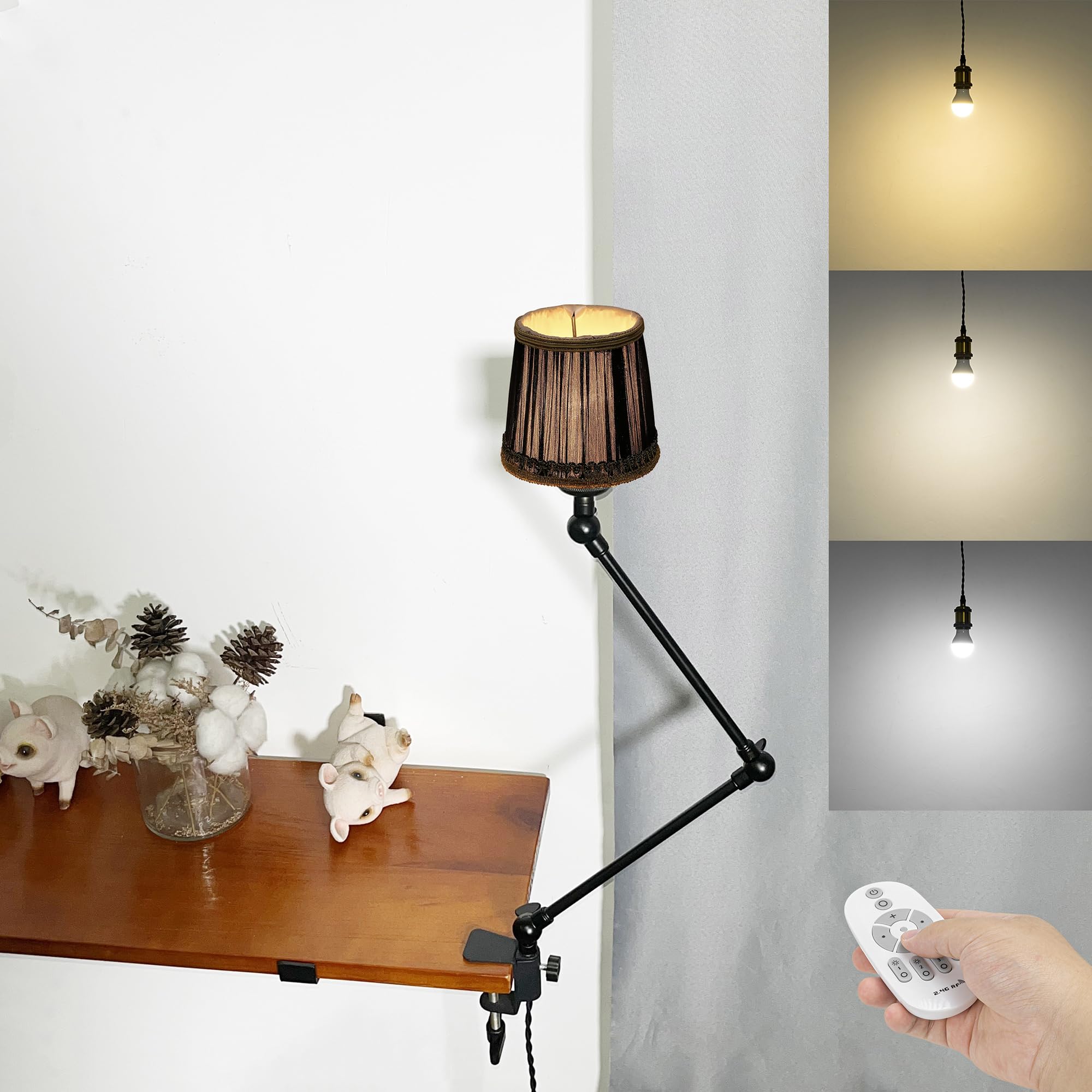 Klemmleuchte mit Fernsteuerung,1 Packung Leselampe mit 2,5 m Kabel, Dimmbar Nachttischlampe,Augenpflege Schreibtischlampe für Büro Heimgebrauch, E27 Lampenhalterung - DZ0329/810
