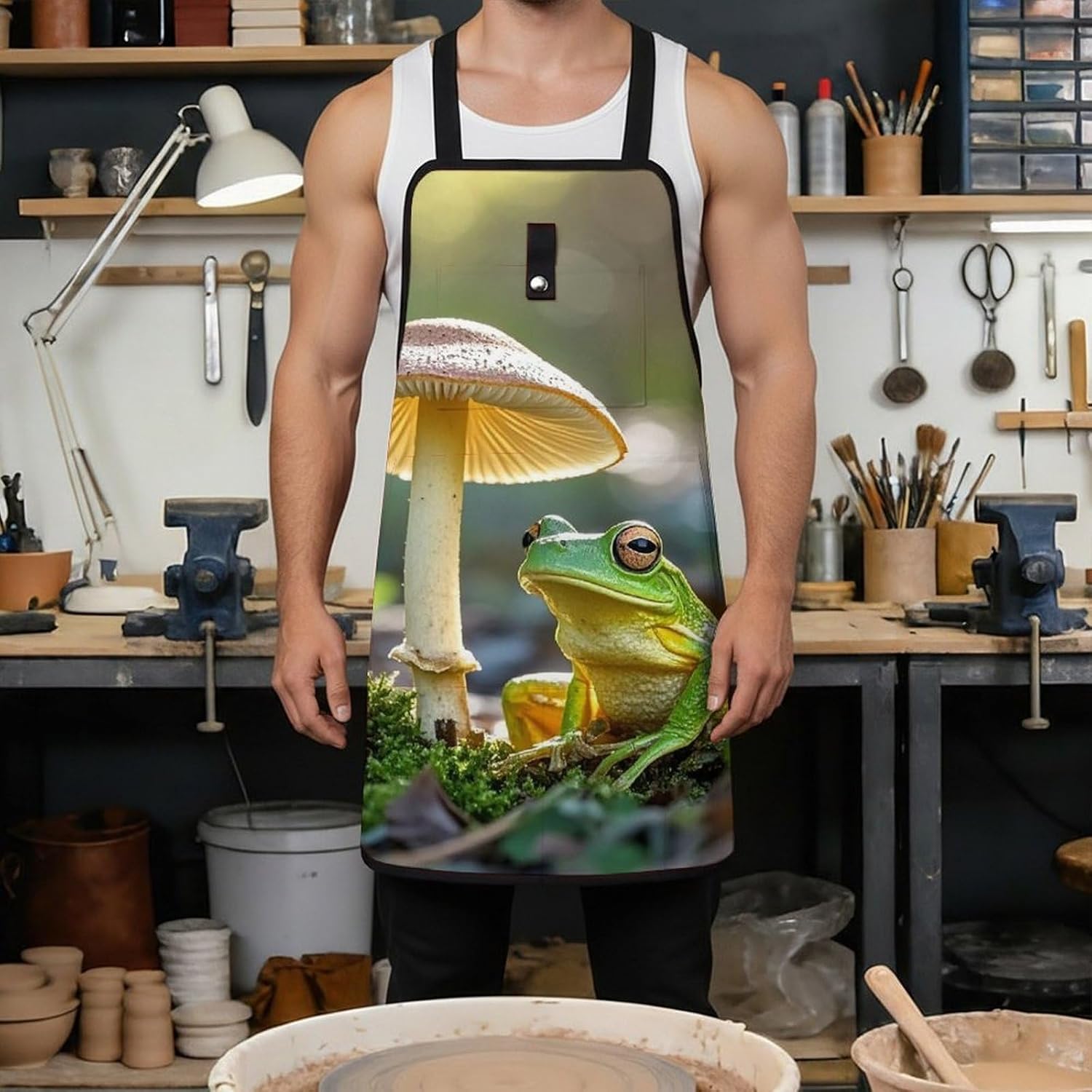 Cute Frog Under A Mushroom Tool Apron with Quick-Release Buckle,Tool Bag X-Cross Back, Adjustable Waist,Woodworking Apron for Workshop,Carpentry,Mechanics image 4