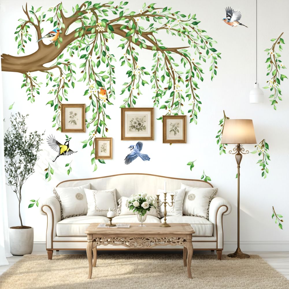 3/4PCS Floral Bird Wall Decals, Self-Adhesive Green Leaf Blossom Wall Stickers, Peach Blossoms Wall Decal for Bedroom Living Room Sofa Background Decor