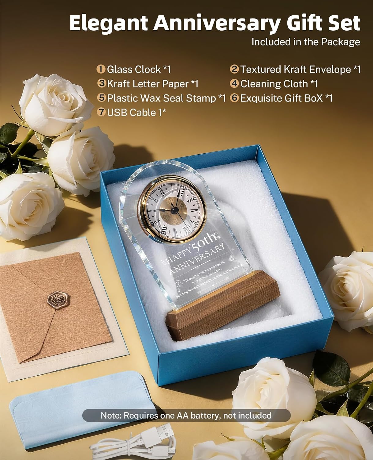 50th Anniversary Wedding Gifts, 50 Year Wedding Anniversary Clock, 50th Anniversary Marriage Gift for Couple, Parents, Him, Her (Wooden Base with LED Light)