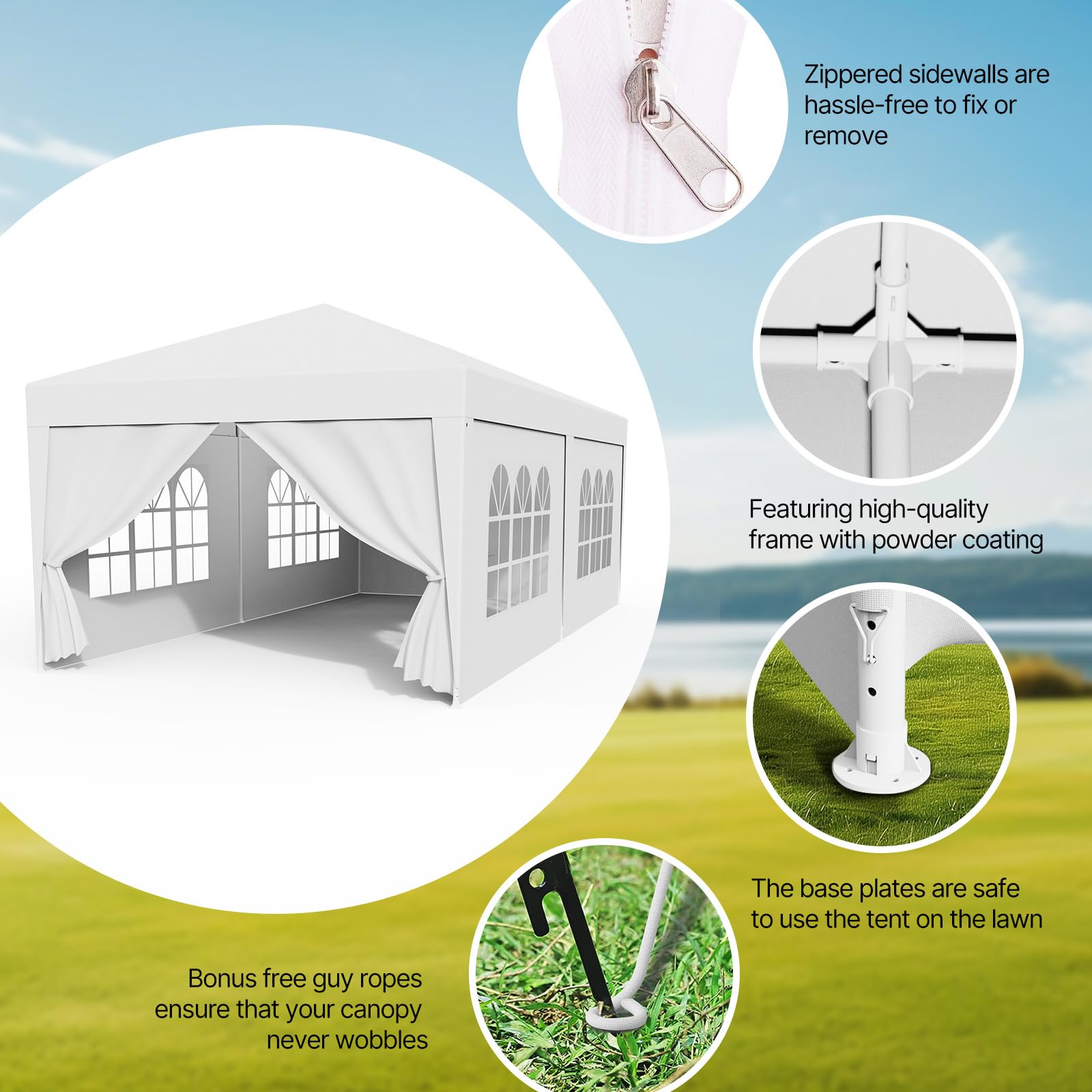 Cenador de jardín resistente al agua, 3 x 9 m, sistema de ranuras estable, varillas de metal, carpa para fiestas, camping, fiestas, lonas de polietileno, con paredes laterales extraíbles, ganchos para