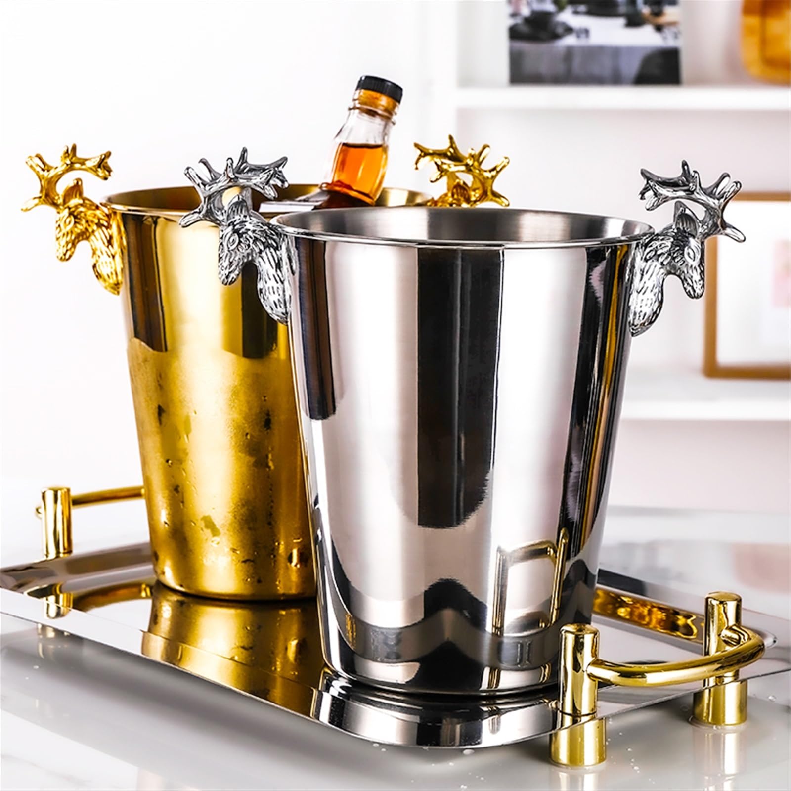 Cubo de Hielo para Bar en casa Cubo de Hielo Creativo Acero Inoxidable, Cubo champán Retro for Bar, Fiesta, Comercial Enfriador de Bebidas y Vino(Gold,Grande)