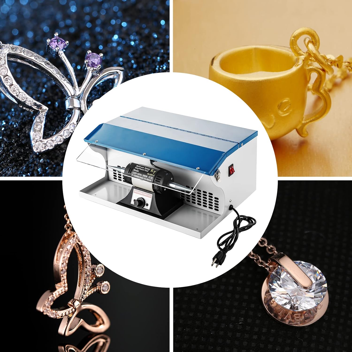 500W Jewelry Polishing Machine, Bench Buffer Polisher, 110V Desktop Variable Speed Jewelry Polisher Machine with Dust Collector & Light & Exhaust Fan Blower, 10000 Rpm/min Bench Buffer