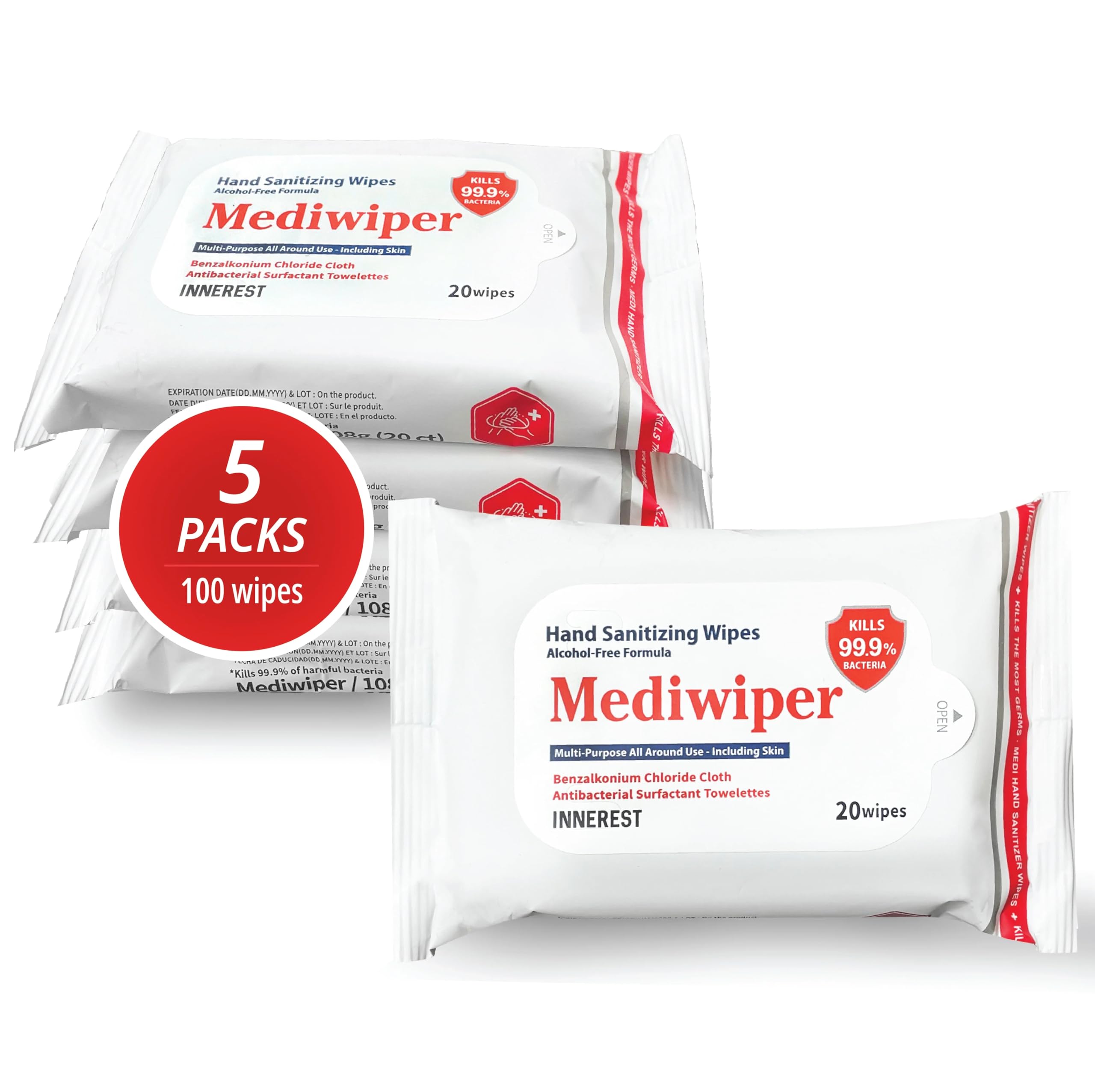 Mediwiper 20 Count Alcohol-Free Sanitizing Wipes Disinfecting Large Unscented Wet Wipes Bulk, Hand Sanitizer (20 Wipes, 100 Wipes (20 * 5))