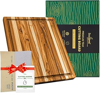 BEEFURNI Teak Wood Cutting Board with Juice Groove Hand Grip (S, 18x14x1"), Durable Wooden Cutting Boards for Kitchen, Butcher Block, Serving & Charcuterie Board, Christmas Gifts Box, 1-year Warranty