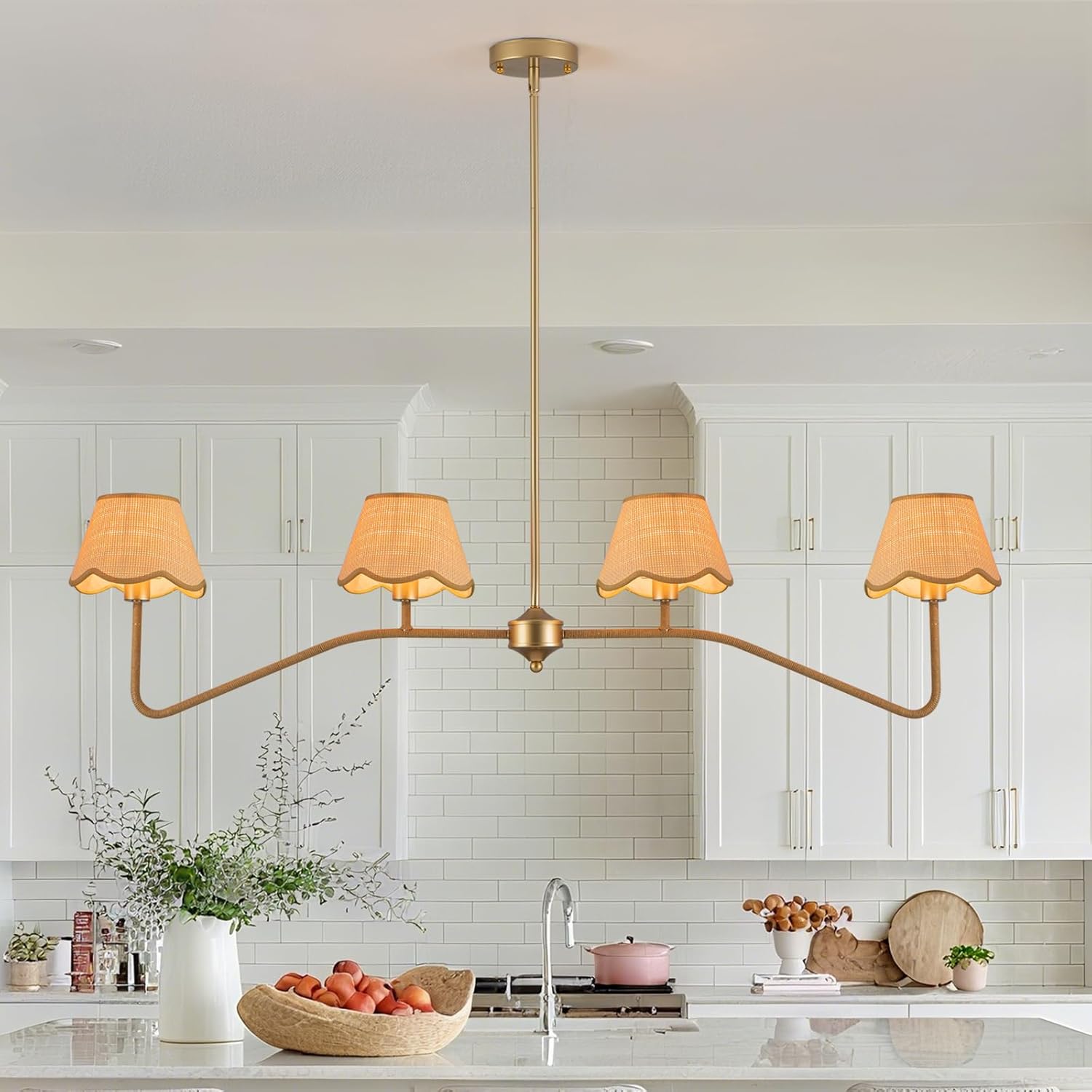 4-Light Rattan Linear Chandelier,47" Boho Kitchen Island Light Fixtures with Hand-Woven Shades,Gold Pendant Light Classic Rustic Industrial Farmhouse Hanging Pendant Lamp for Dining Room Restaurant Gold 4-Light