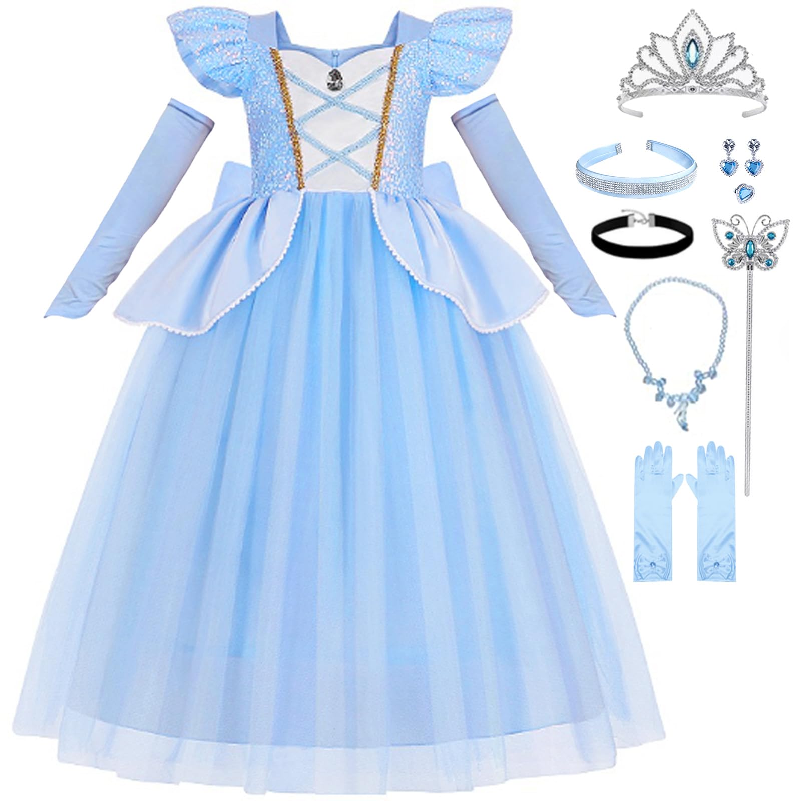 LuzlenCinderella Costume for Girls Kids Blue Princess Dress with Accessories Halloween Birthday Party Outfits