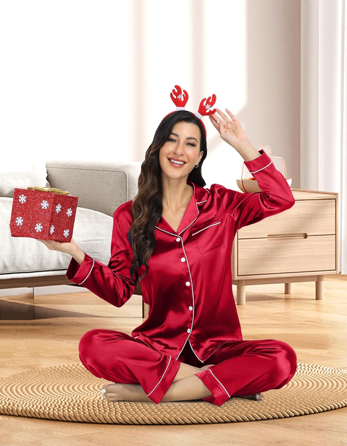 Men Pajamas Set Soft Longsleeve Pjs 2 Piece Classic Sleepwear Button Down Loungewear, Red-XXL - Image 3