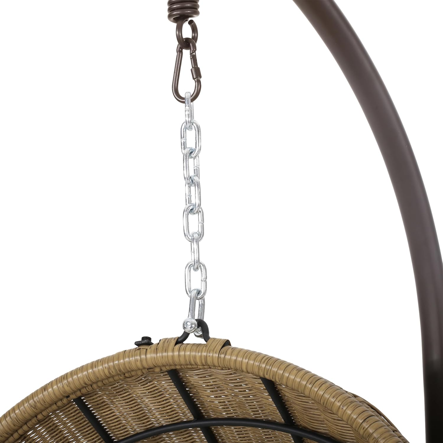 Agara nso view of the hanging mechanism, showing the chain, spring, and carabiner connecting the chair to the stand's hook.