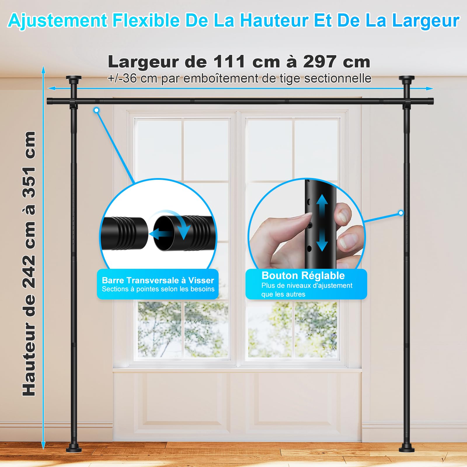AIZESI Tringle à Rideaux Verticale sans Percage Extensible - Paravent d'Intérieur Brise-Vue Noir - Réglable Hauteur 242-351 cm x Largeur 111-297 cm - Pour Salon, Chambre, Bureau