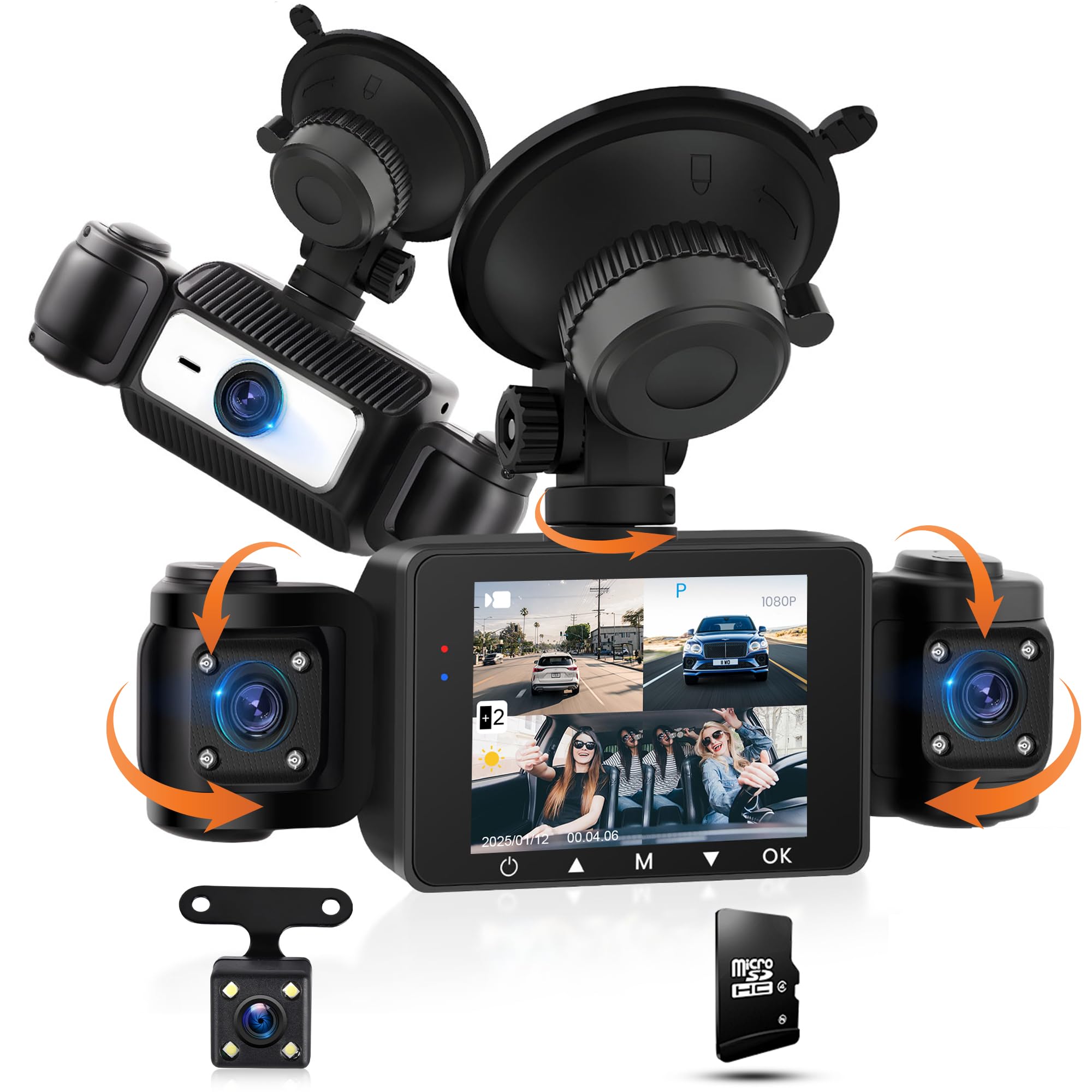 1080P Dashcam para Coche 4 Canales 360°, 4 Delantera y Trasera Izquierda Derecha, 2.4 Pulgadas 1080P Dash CAM con 64 GB Tarjeta Visión Nocturna IR/Vídeo en Bucle/24H Monitor/G-Sensor de Aparcamiento