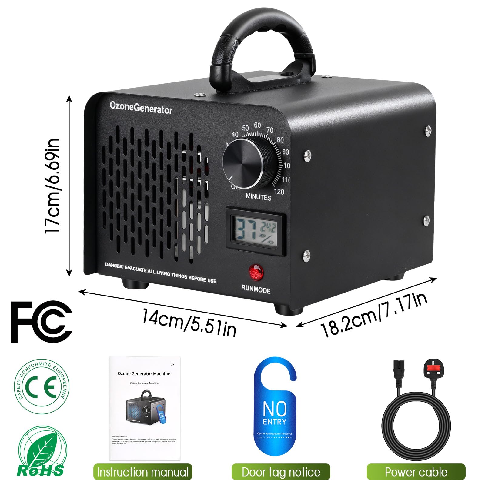 Generatore di Ozono, Ozonizzatore per Ambienti 60000mg/h, Purificatore d'Aria Deodorante per 300㎡, Timer 120 Min, Macchina Ozono Alta Capacità O3, Ozonizzatore per Casa Ambienti, Auto, Uffici