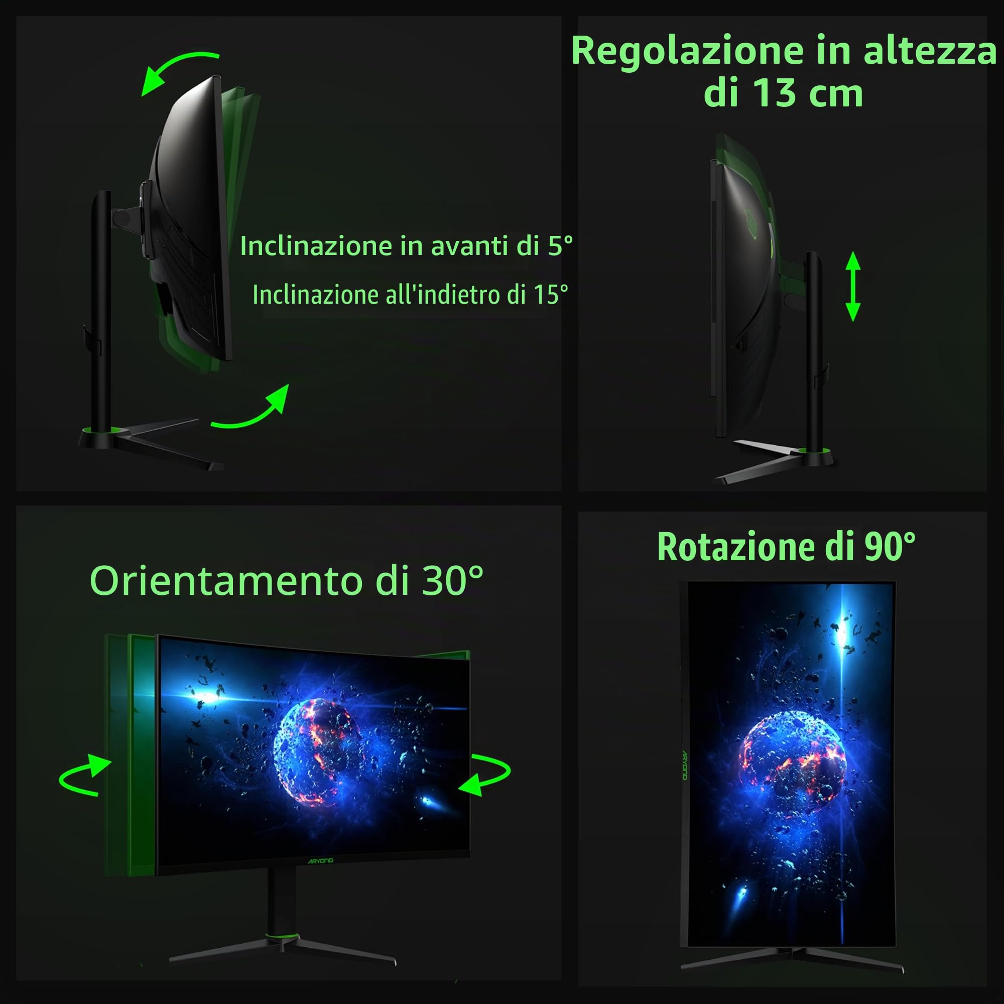 Aryond Monitor curvo da gioco A27 V2 | Display QHD curvo da 27 pollici a 180 Hz (2560x1440) | Tempo di risposta 1ms | HDR 10| FreeSync - G Sync 119,9% ​​| SRGB | Altoparlanti 2* Ω8 x 2W | Connessione