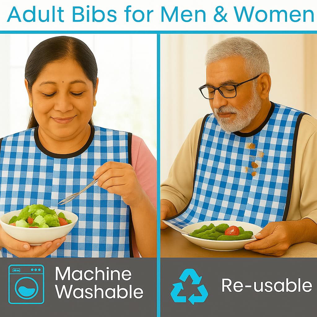 MAKSTILE Adult Bib| Extra-Long Adult Dining Bib for Elderly–2-Layer Absorbent Cotton & Waterproof Backing, Washable Reusable Clothing Protector for Senior Citizens, Disabled & Bedridden - Blue - Image 6 thumbnail