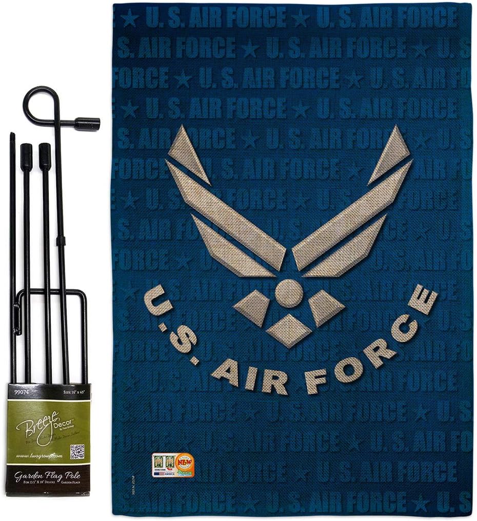 US Air Force Burlap Garden Flag - Set with Stand Armed Forces USAF United State American Military Veteran Retire Official - House Decoration Banner Small Yard Gift Double-Sided Imported 13 X 18.5