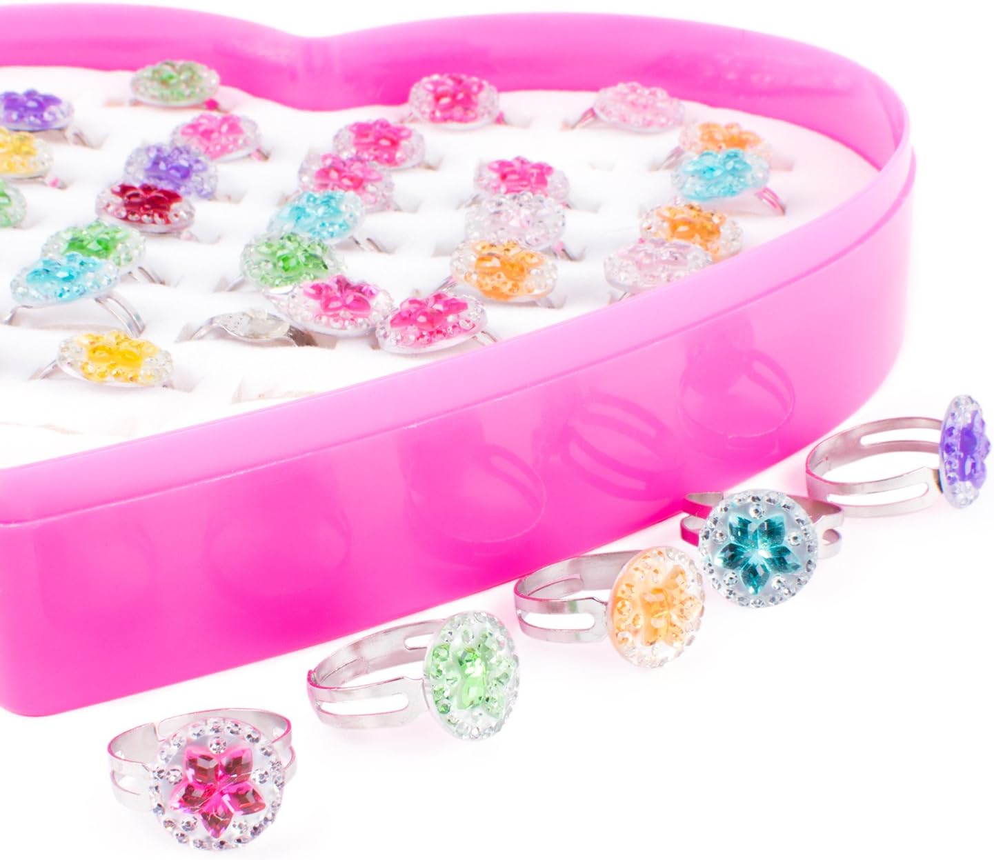 Colorful Assorted Gem Star Adjustable Rings with Heart Shape Display Case for Party Favors, Bridal Shower, Birthday, Adult & Children Size (36 Pack)