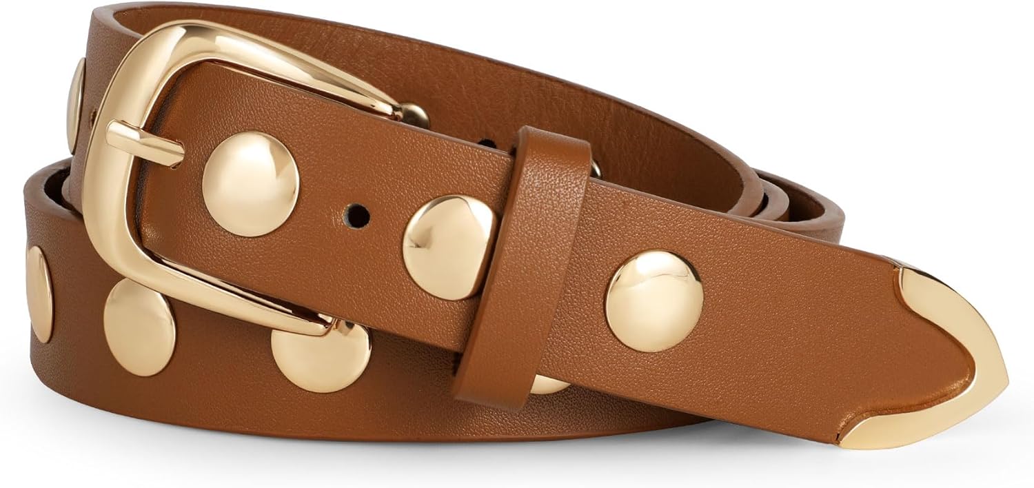 WERFORU Women Fashion Leather Belt Studded Leather Belt Ladies Belts for Jeans Dress Punk Belt