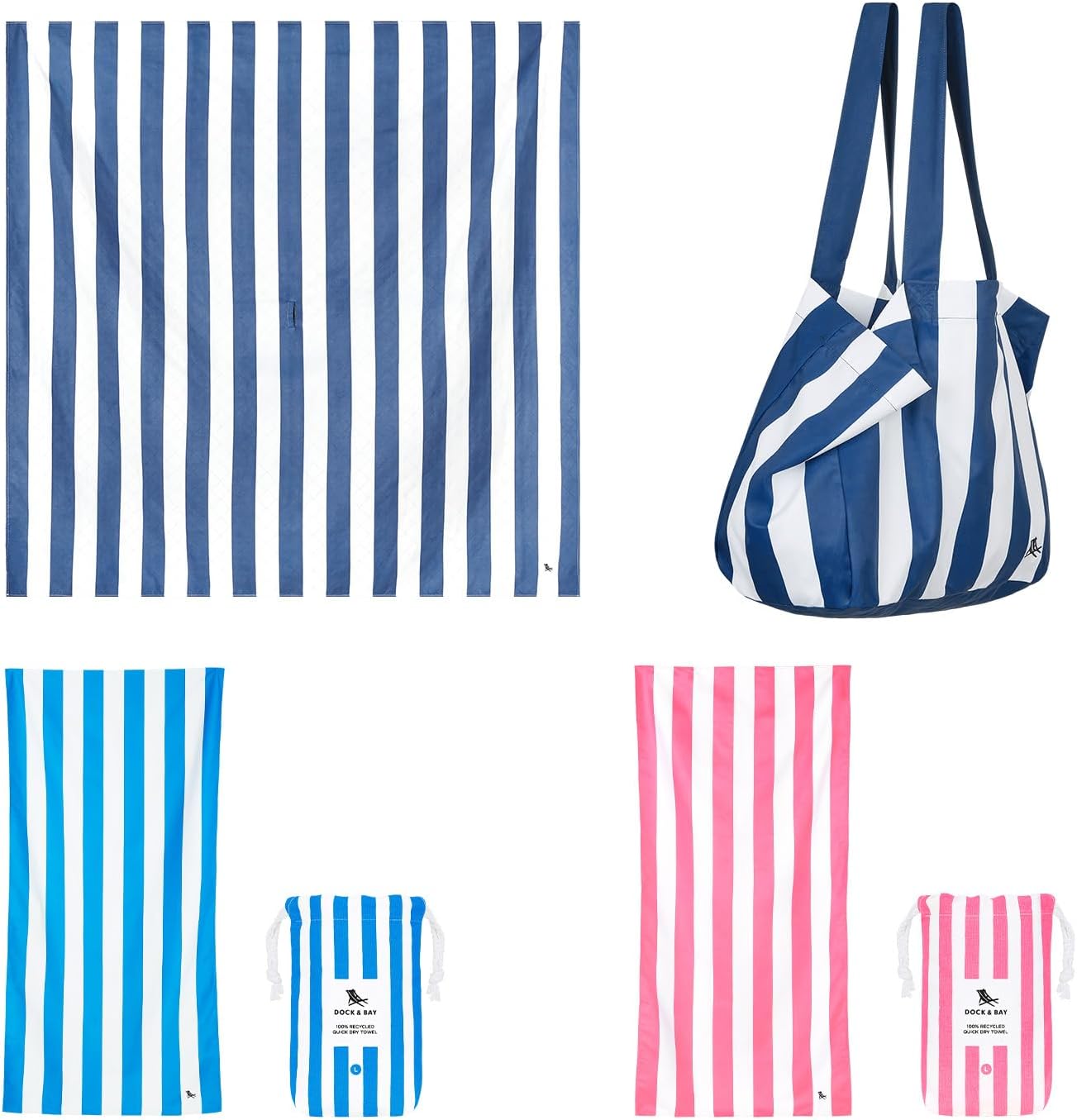 Dock & Bay Ultimate Beach Kit Bundle - Two Quick Dry Towels, Waterproof Bottom Picnic Blanket and Compact Foldable Beach Bag - 100% Recycled Materials - Whitsunday Navy Blue LG (B)