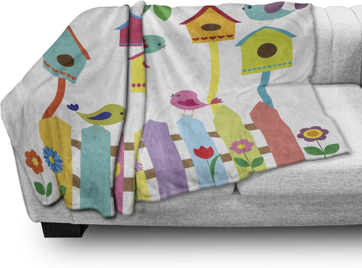 Lunarable Birds Throw Blanket, Colorful Avian Animals Birdhouses and Fence Design Cartoon Style Sketch, Flannel Fleece Accent Piece Soft Couch Cover for Adults, 50" x 70", Multicolor